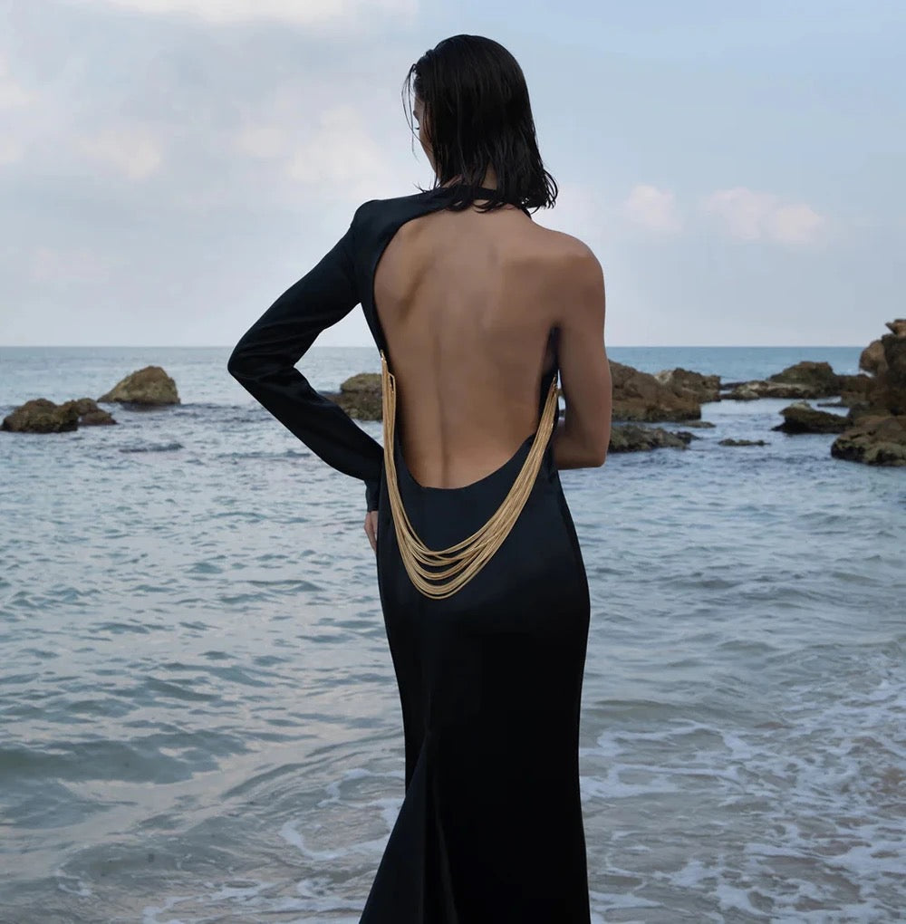 One Shoulder Open Back Mermaid Chain Tight Long Dress