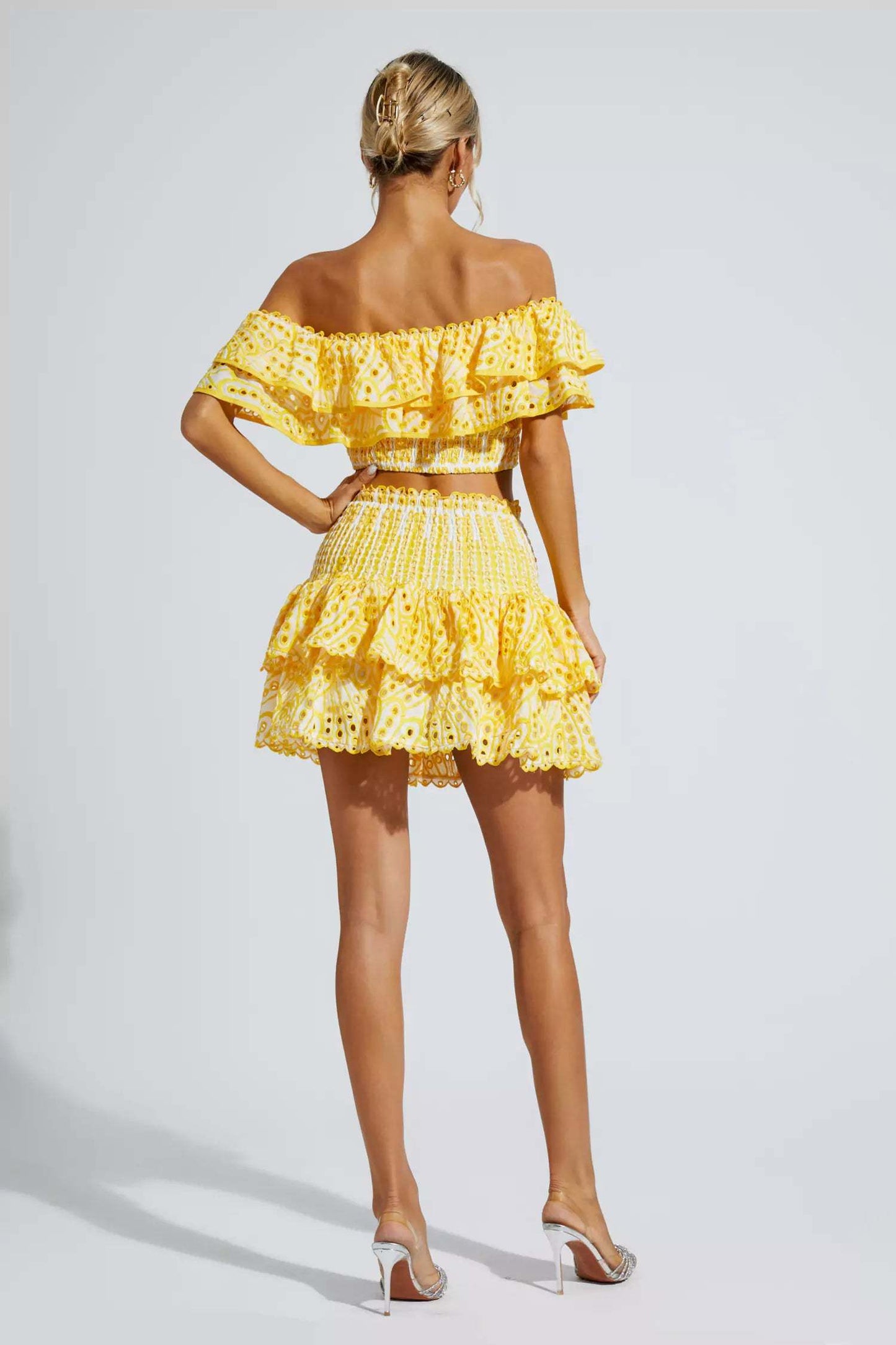 Yellow Floral Ruffle Off-Shoulder Set