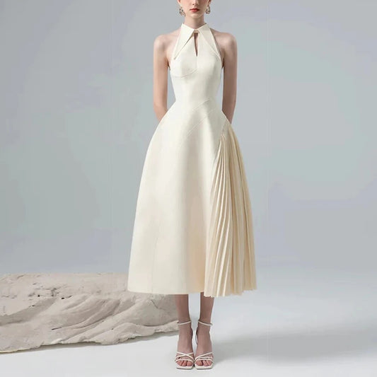 Collar, Hollow out Sleeveless Spliced pleated waist,dress