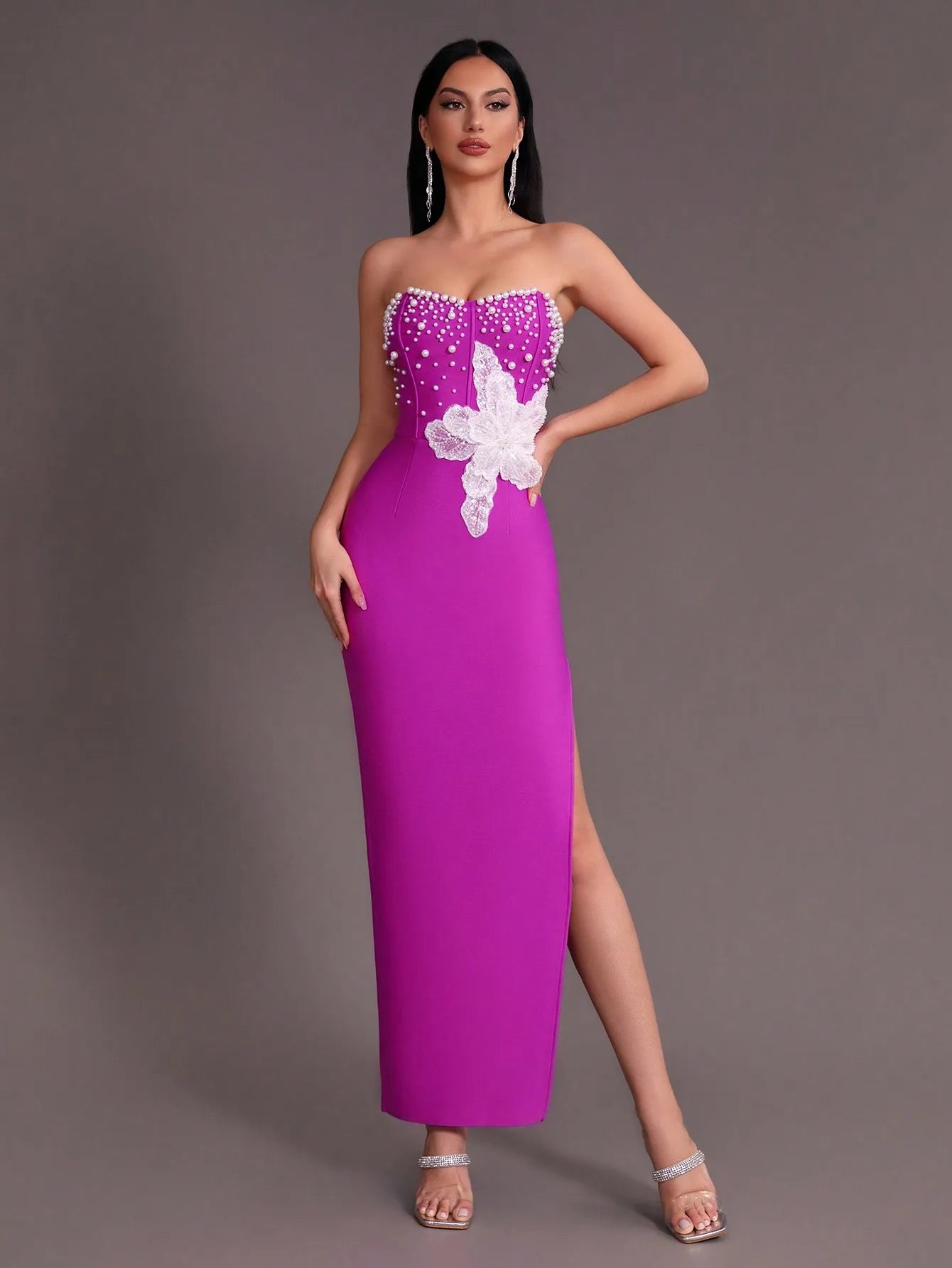 Beaded Sexy Strapless Side Split Long Bandage Dress