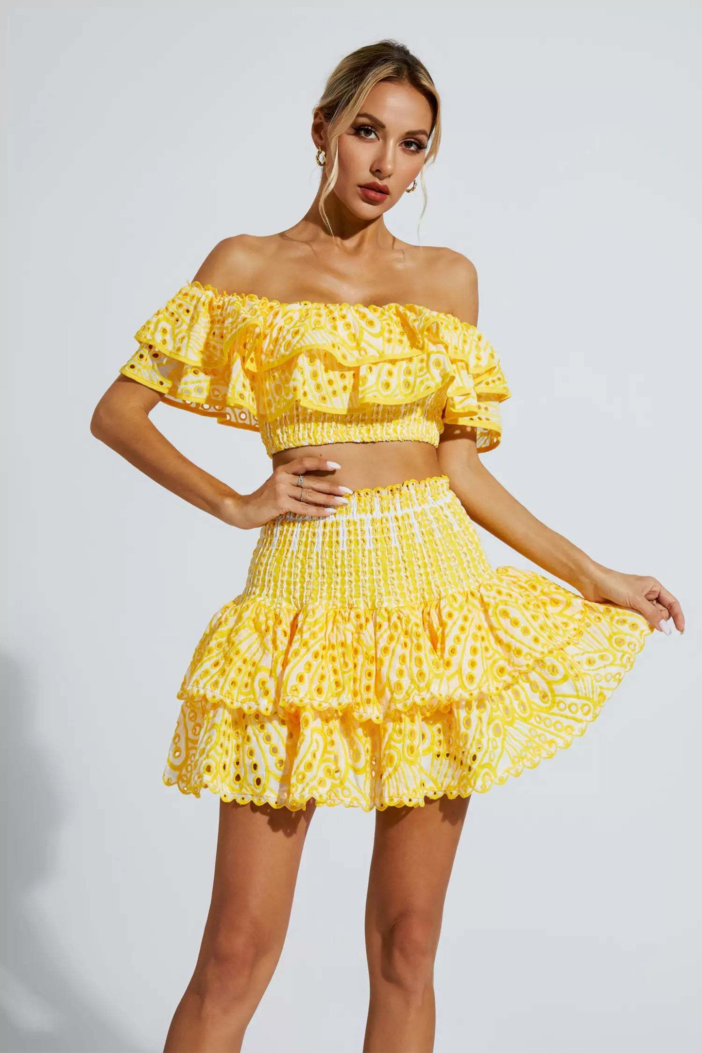 Yellow Floral Ruffle Off-Shoulder Set