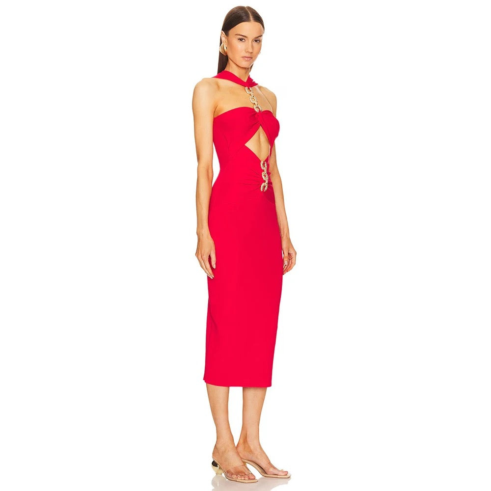 Red Diamond Metal Sexy Hollow Strapless Tight Bandage Dress