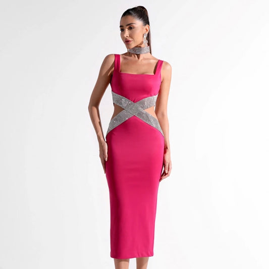 Rose Red Sleeveless Sexy Square Neck Sparkling Diamond dress