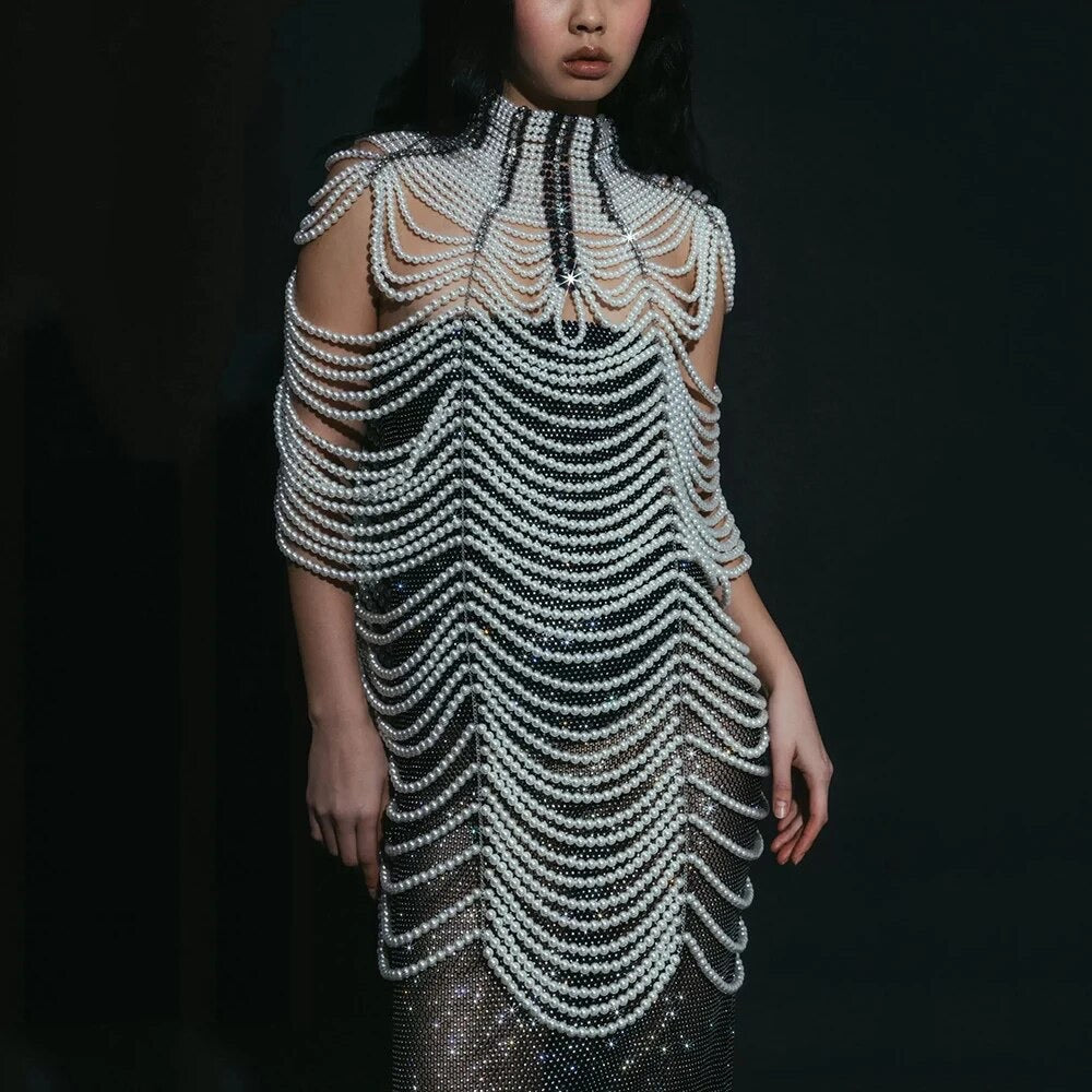 White Black Pearl Beaded Cloak Sexy Slim Fit Mini Dress