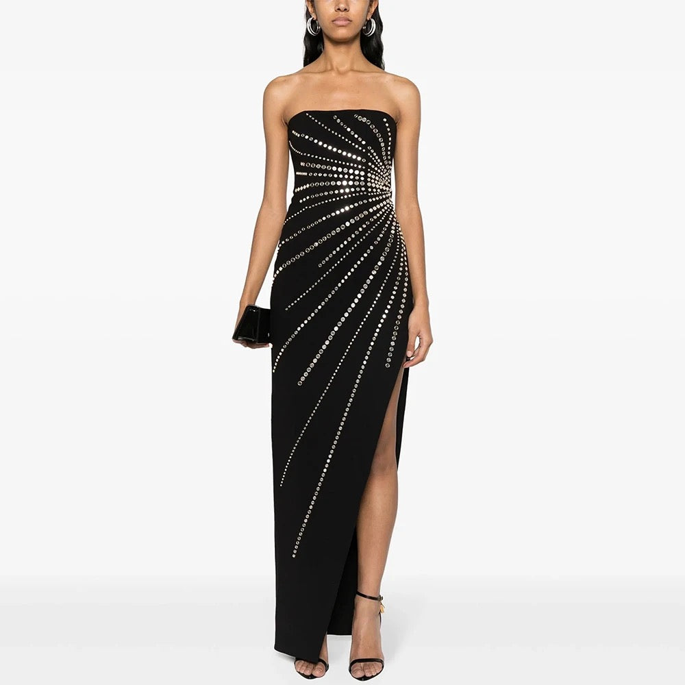 Strapless Diamond Sequins Asymmetric Maxi Split Bandage dress