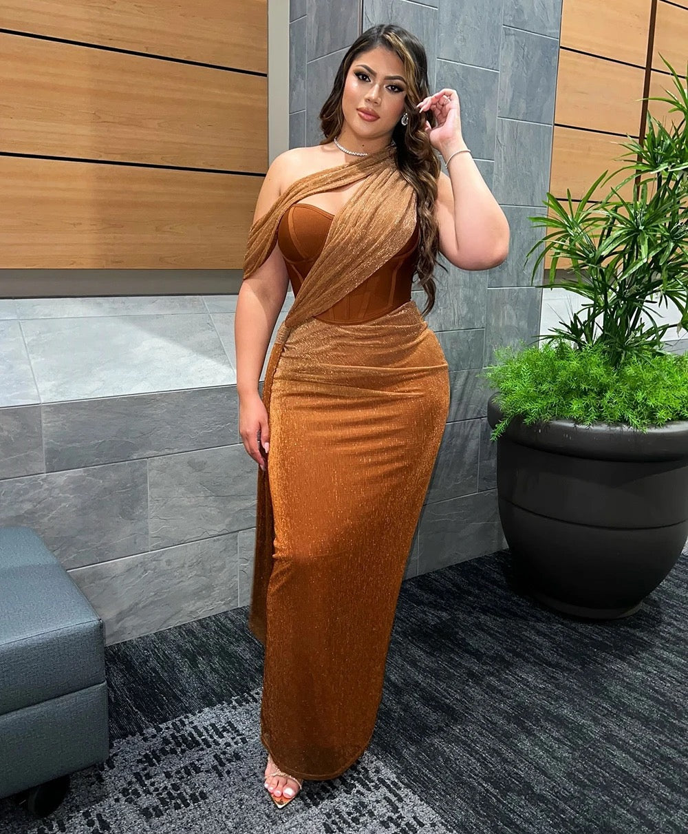 One Shoulder Sleeveless Gold Drop Tight Long Dress