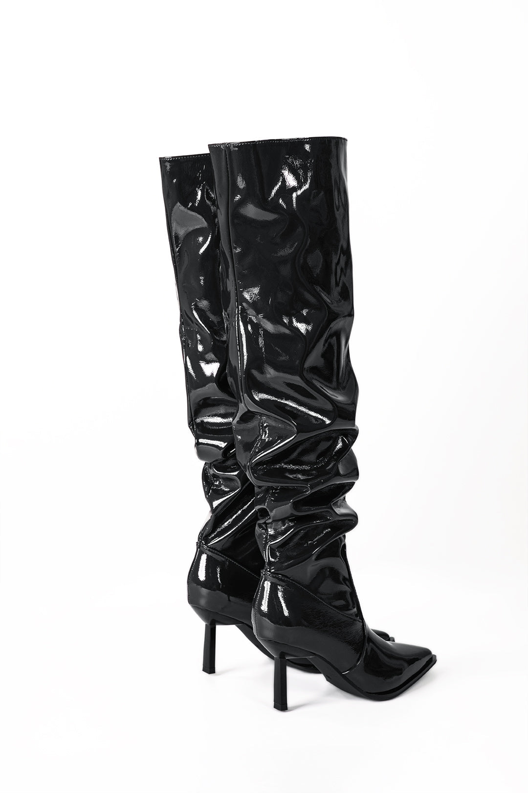 Faux Leather Ruched Pointed Toe Knee High Boots