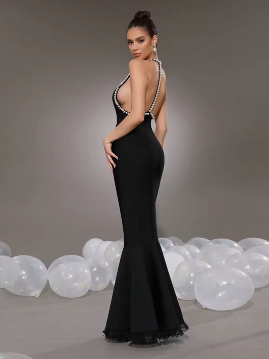 Pearl Backless Mermaid Bandage Long Dress