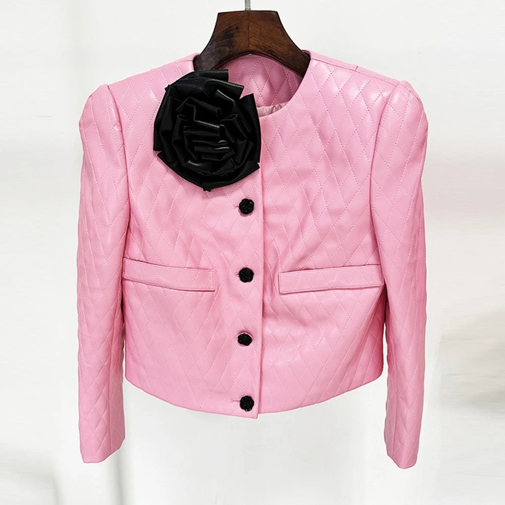 Pink Diamond Quilted Short Leather Jacket Leather Mini Skirt set