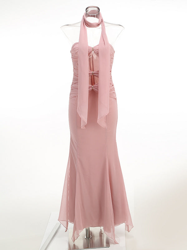 Pink Scarf Maxi Strapless Sleeveless Hollow out dress