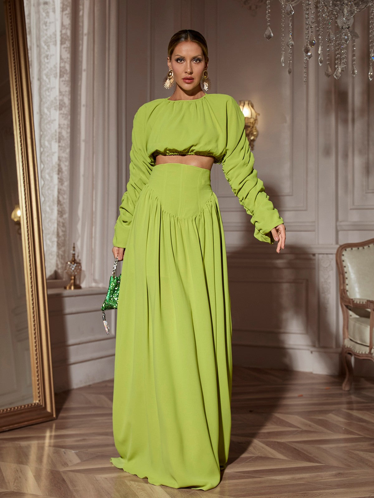 Long Sleeve Ruched Skirt Set