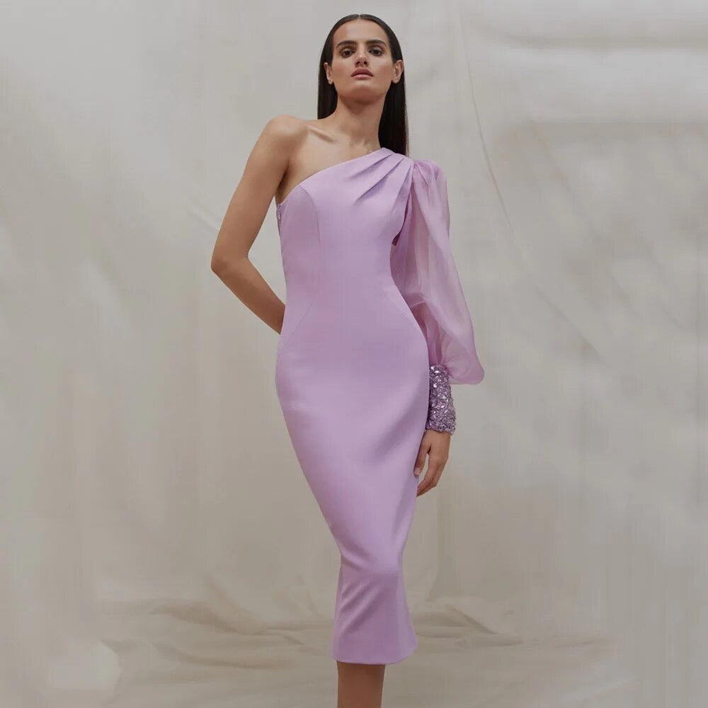 One Shoulder Long Sleeve Tight Midi Dress