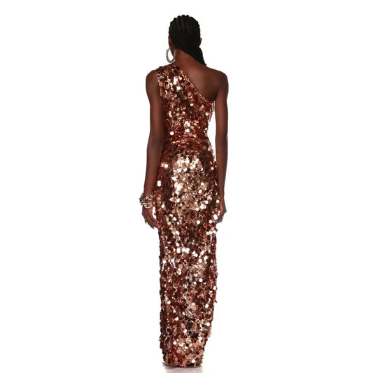 One Shoulder Sequin Tight Sleeveless Split Slim Fit Long Dress