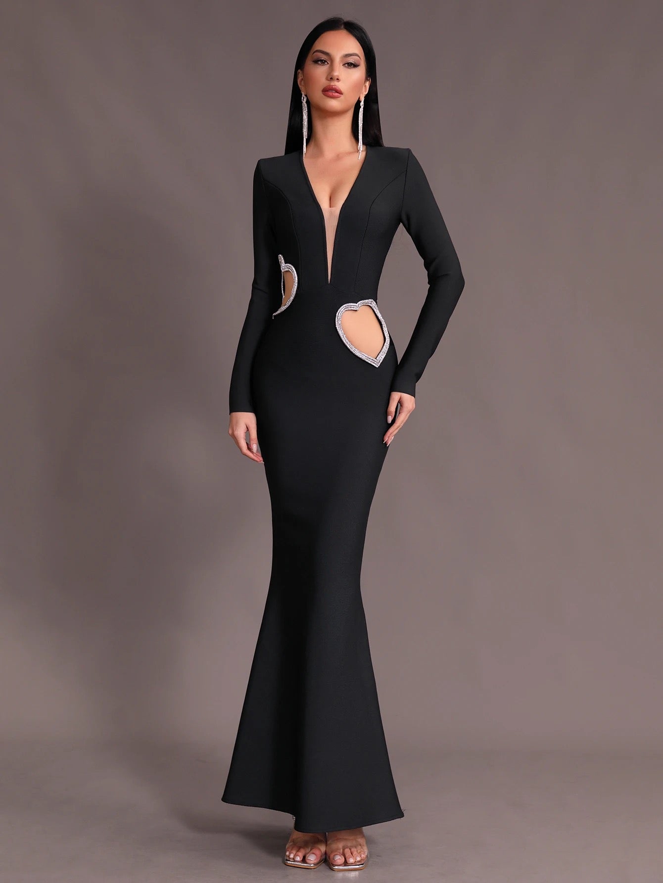 V-neck Belt Hollow Heart Diamond Mermaid Bandage Dress