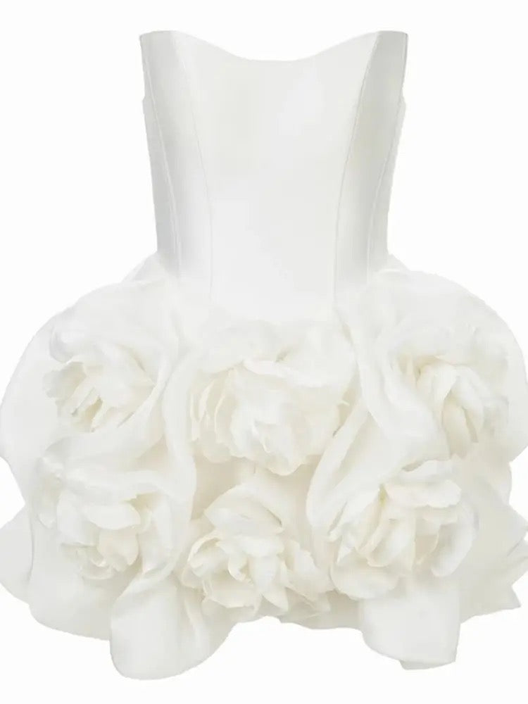 White Sexy Strapless 3D Flower Tight Mini Dress