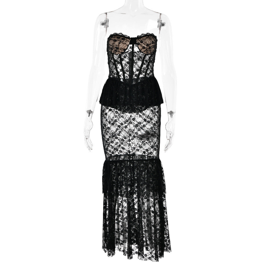 Lace See through Tube Top Fishtail Dress