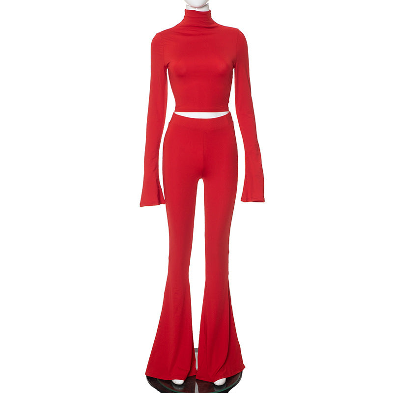 Turtleneck Bell Sleeve Cropped Top High Waist Trousers Set