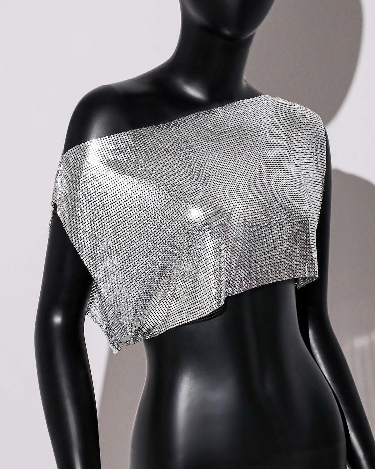 Oblique Shoulder Tops Off Neck Vest Aluminum Mesh Sequined Top