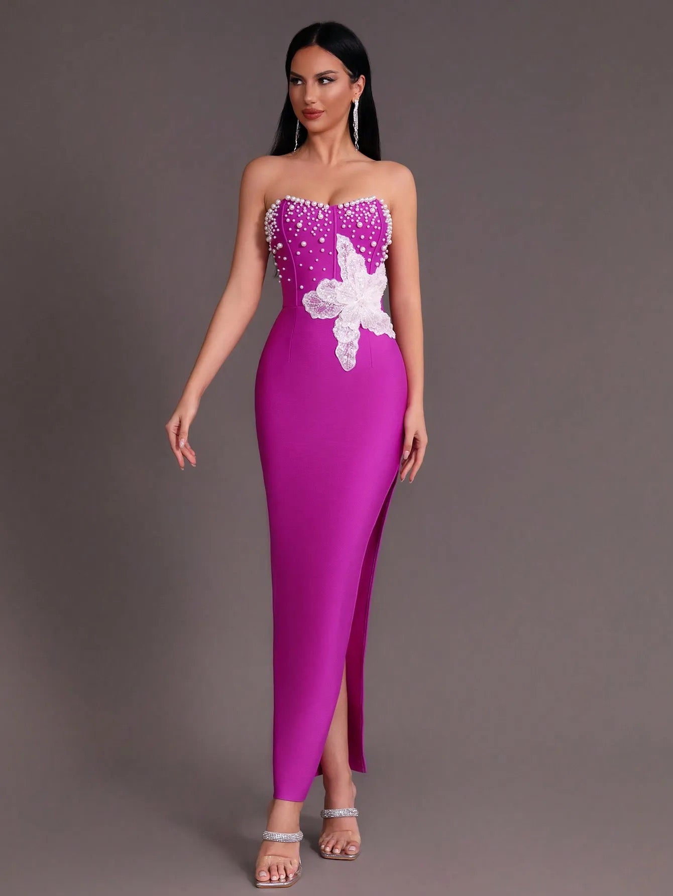 Beaded Sexy Strapless Side Split Long Bandage Dress