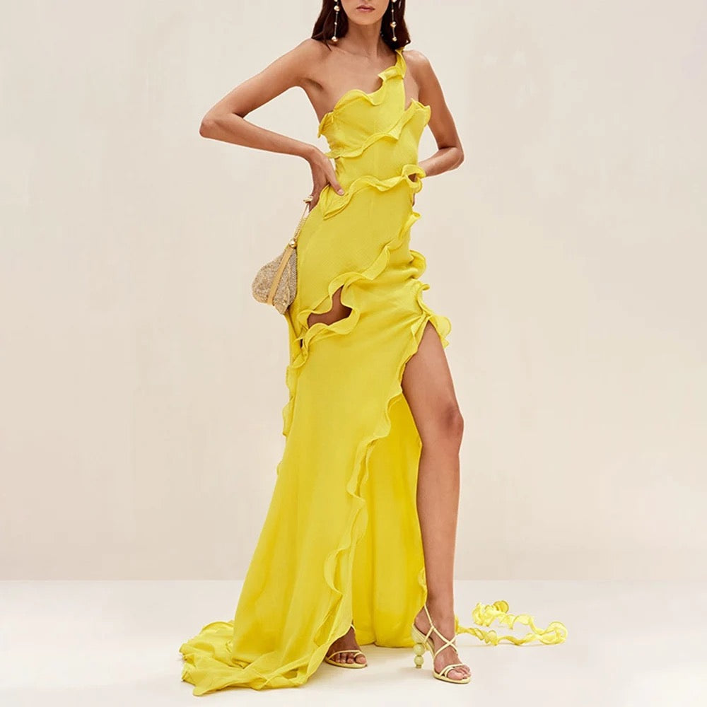Yellow Sexy Asymmetric Maxi Dress with Ruffle Edge
