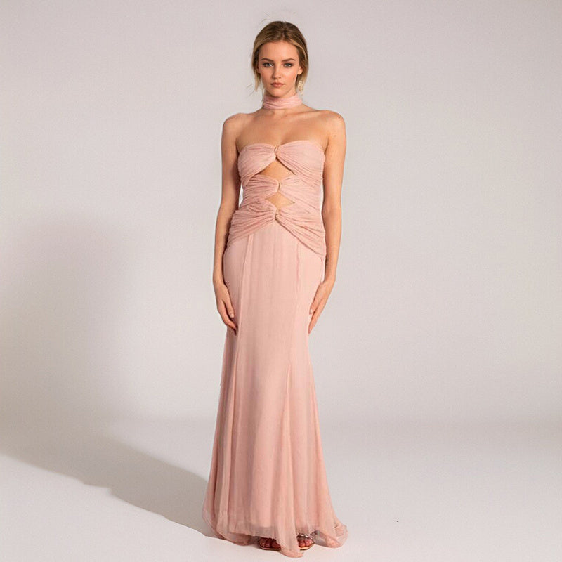 Pink Scarf Maxi Strapless Sleeveless Hollow out dress