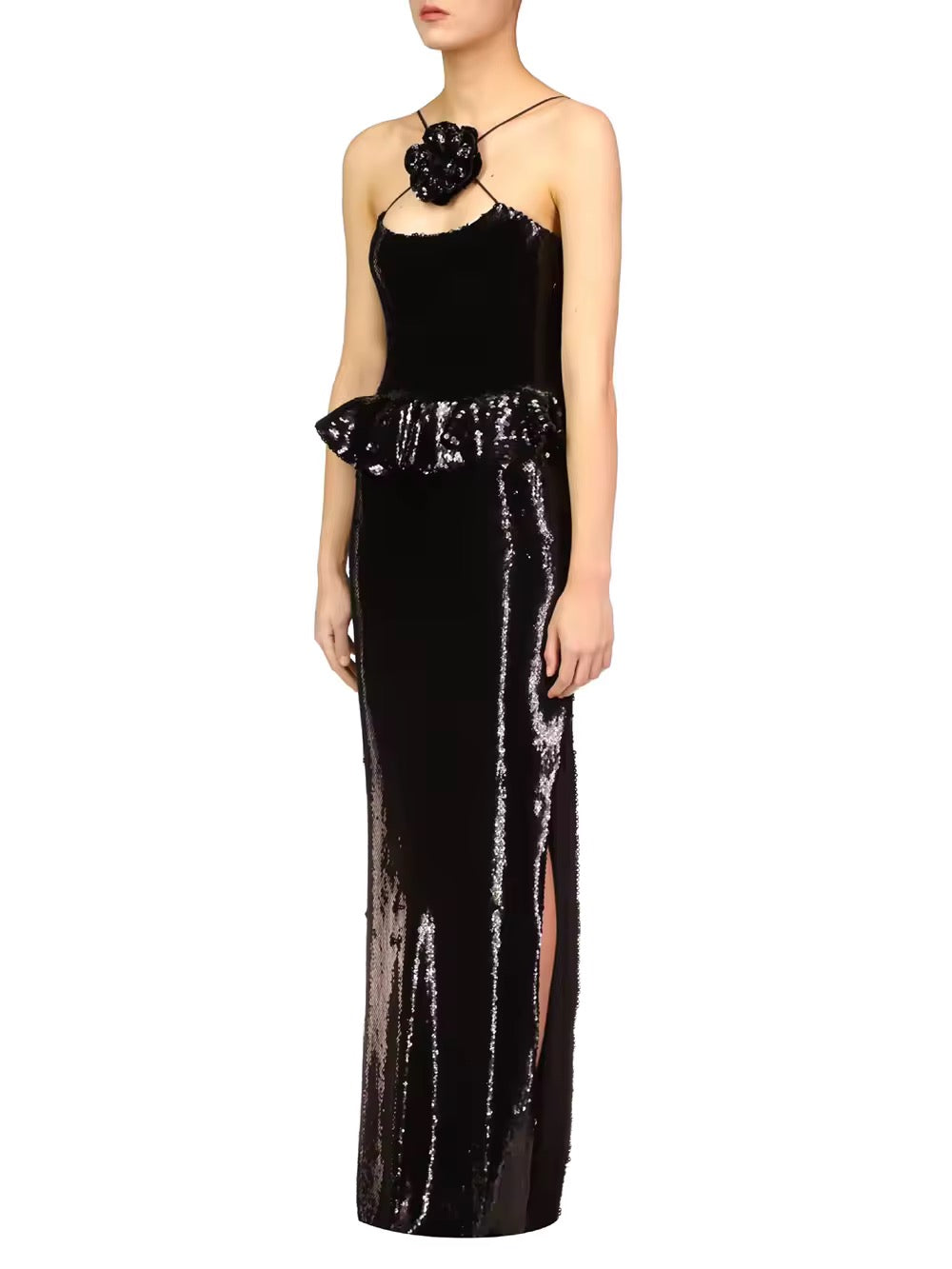 Backless Halter Black Mesh Sequins Flower Maxi Long Gowns Dress