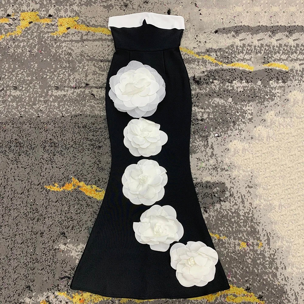 Splicing Strapless 3D Flower Sexy Split Mermaid Long Bandage Dress