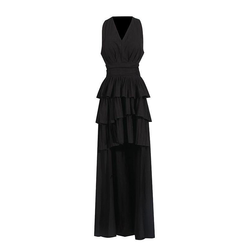 V Neck Sleeveless Pleated Design Midi Dress