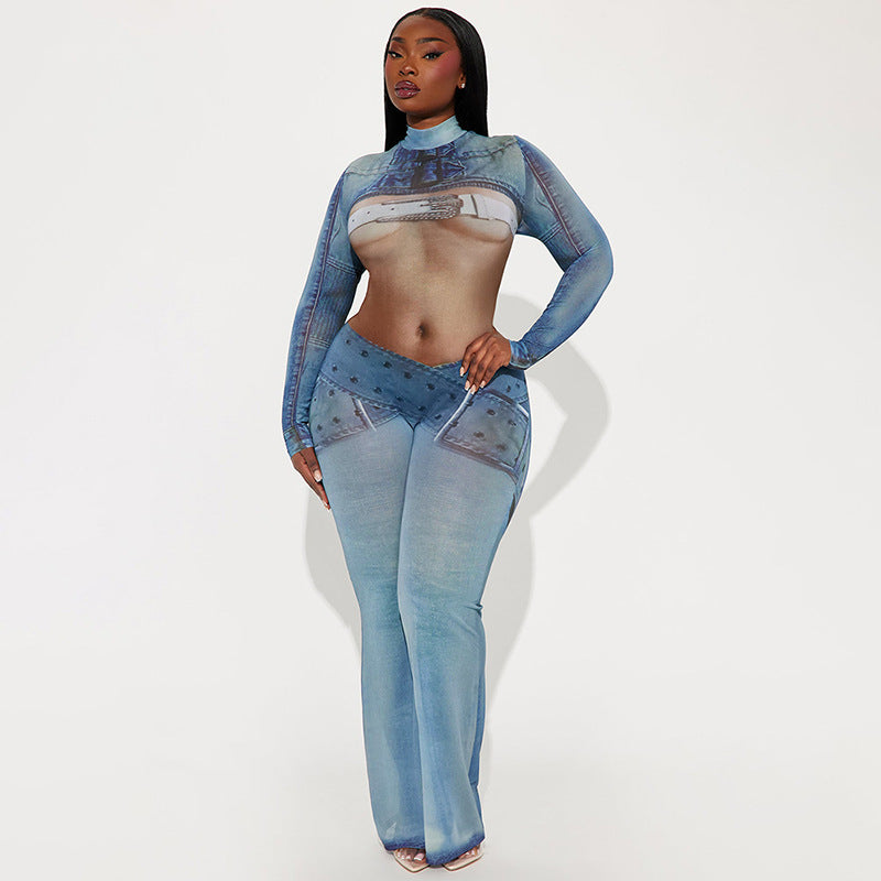 Imitation Denim Body Print Long Sleeve Turtleneck Horn One Piece