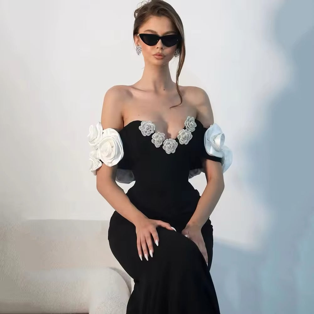 Stereoscopic Flowers Off The Shoulder Ankle Lenght Bandage Dress