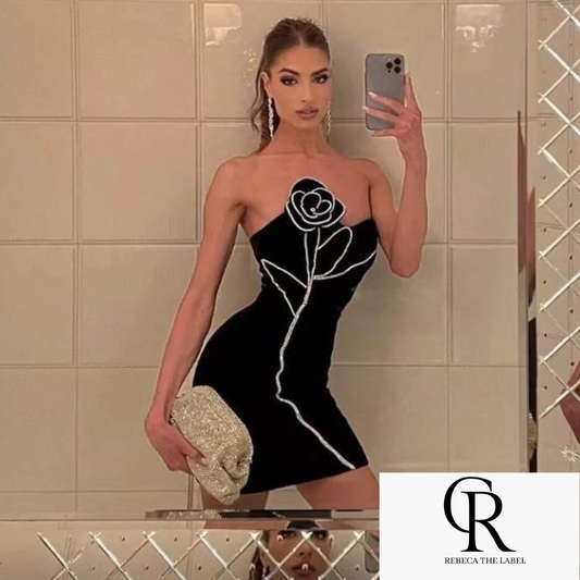 3D Flower Diamond Sexy Backless Strapless Tight Mini Dress REBECATHELABEL