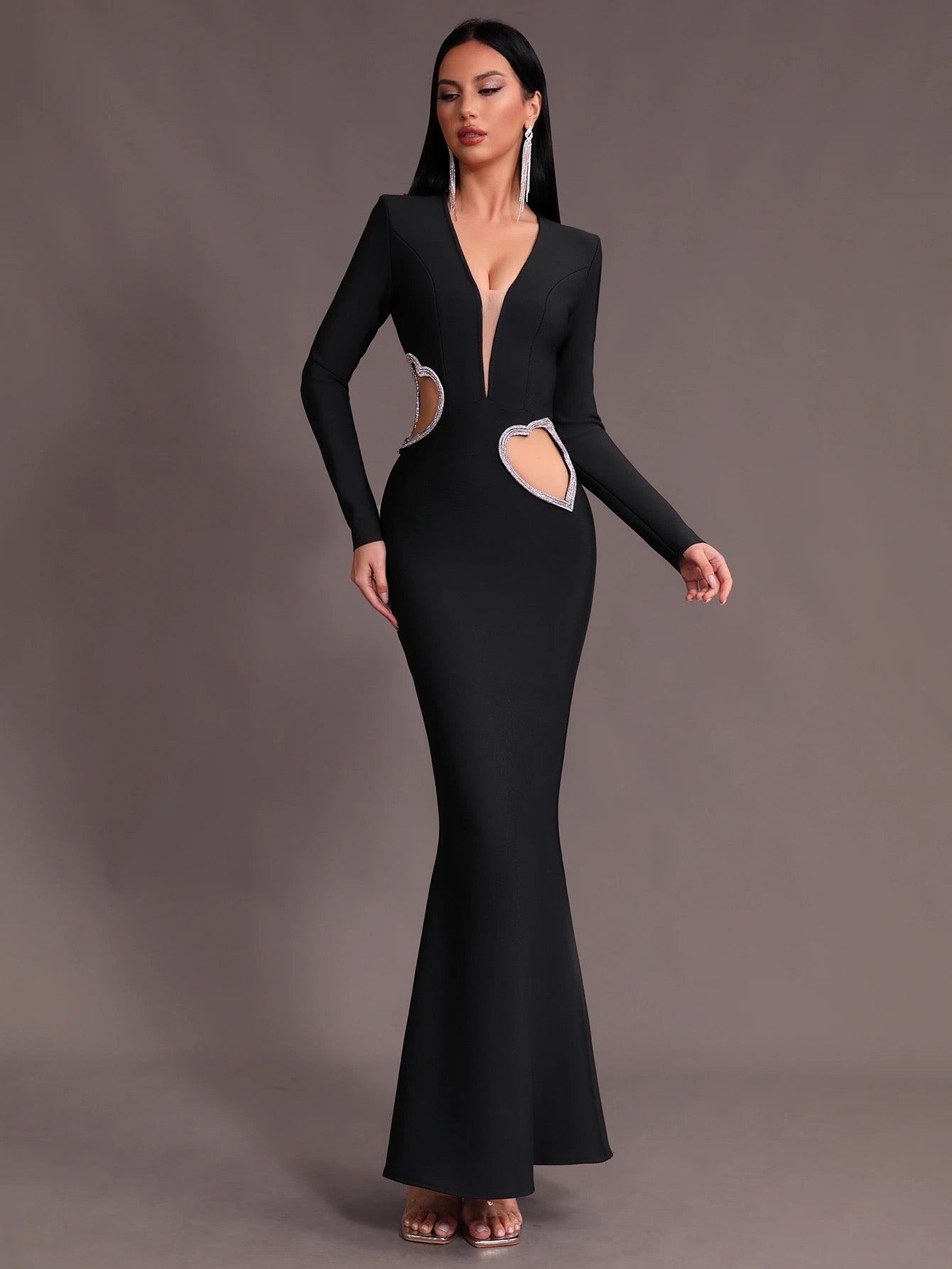 V-neck Belt Hollow Heart Diamond Mermaid Bandage Dress