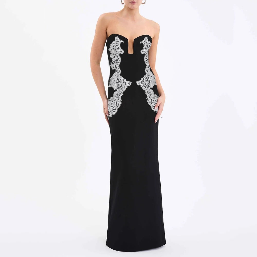 Velvet Sexy Strapless Lace Decoration V-neck Long dress