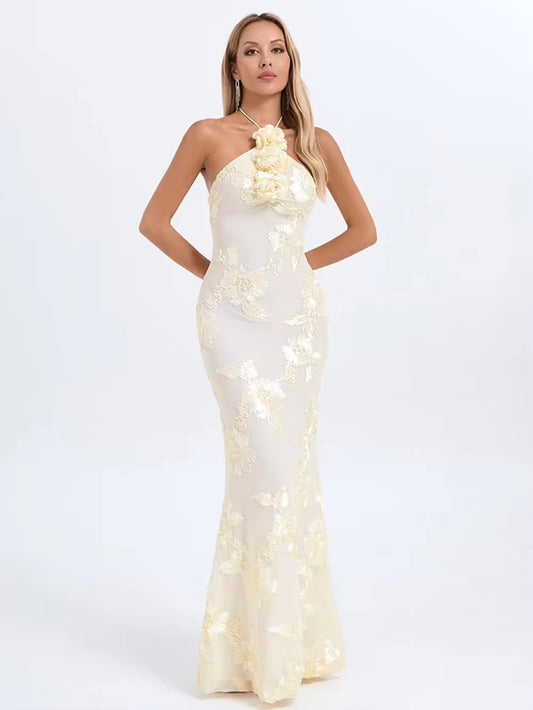 Backless Dmbroider 3D Flower Sexy Maxi Prom Party Dress