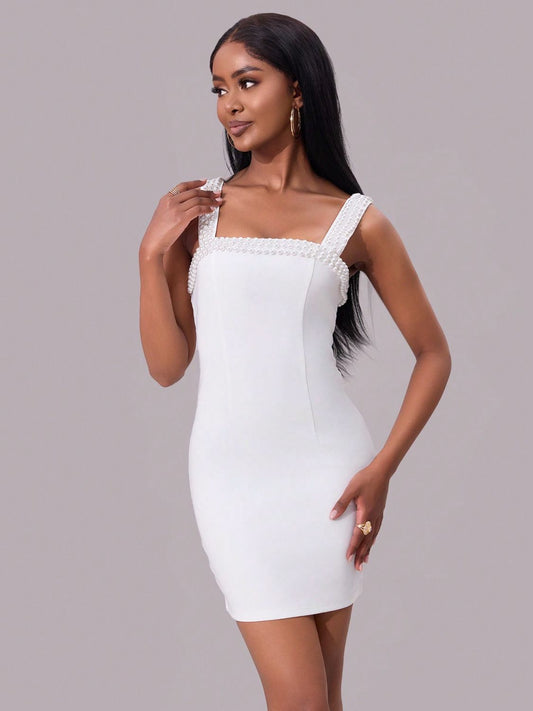 Pearl Detail Square Neck Wide Strap Mini Dress