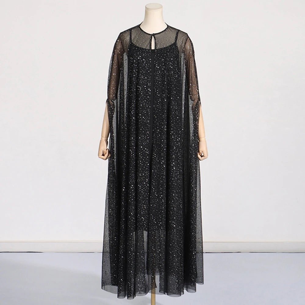 Black Sequin Decorative Mesh Cloak 2-piece Set