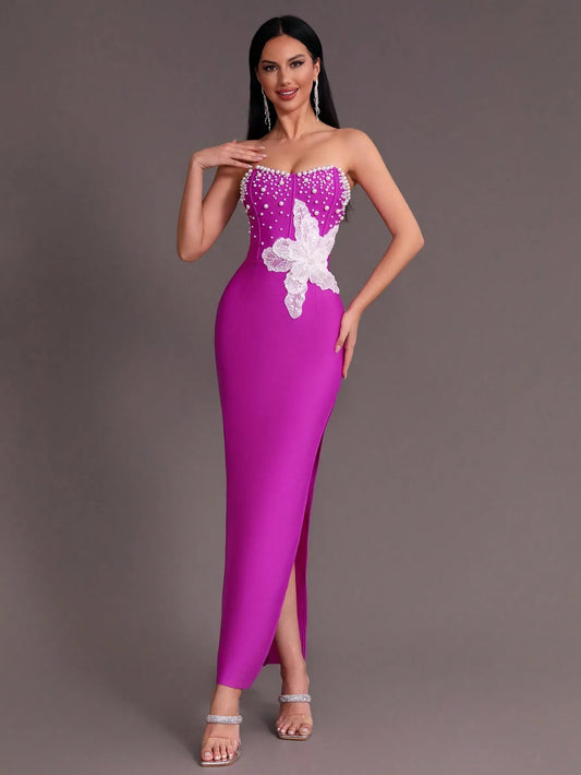 Beaded Sexy Strapless Side Split Long Bandage Dress