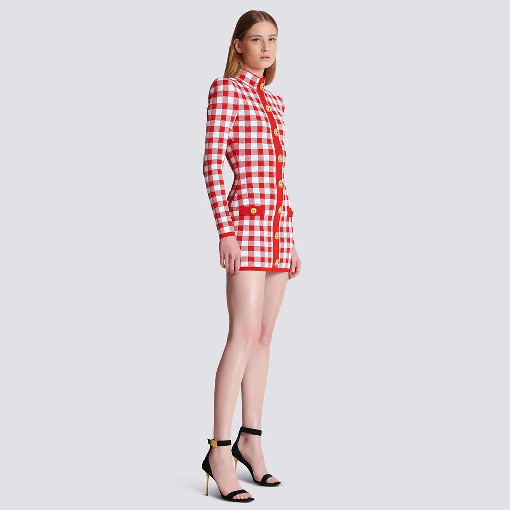 Long Sleeve Button Checkered Jacquard Tight Mini