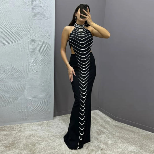 Hollow Beaded Details Design Tight Long Bandage Dress