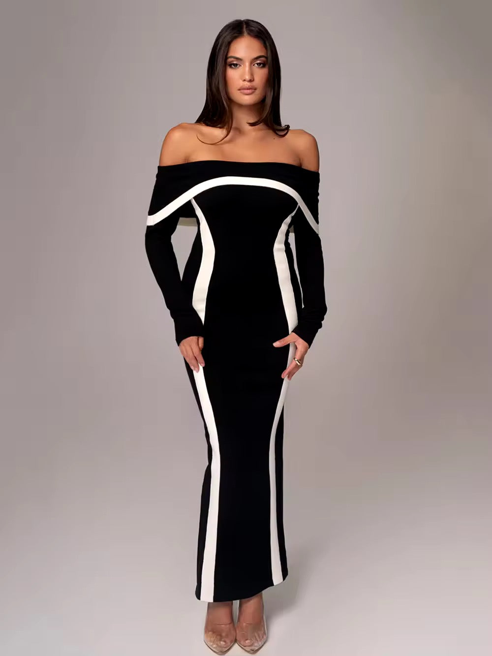 Slash Neck Long Sleeved Tight Bandage Long Dress