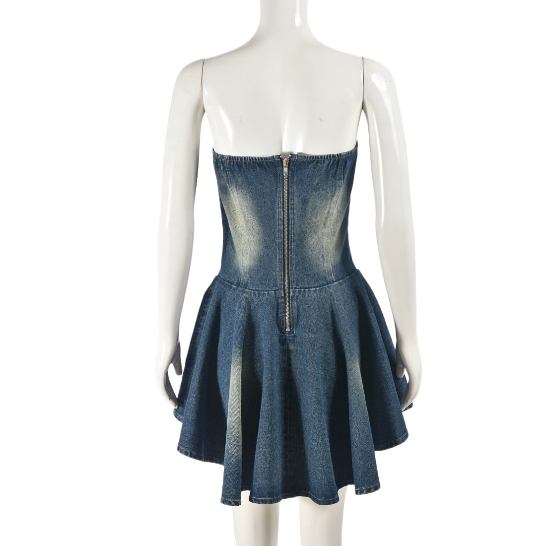 Zipper Lace up Bandeau Sexy Sexy Denim Flounced Dress