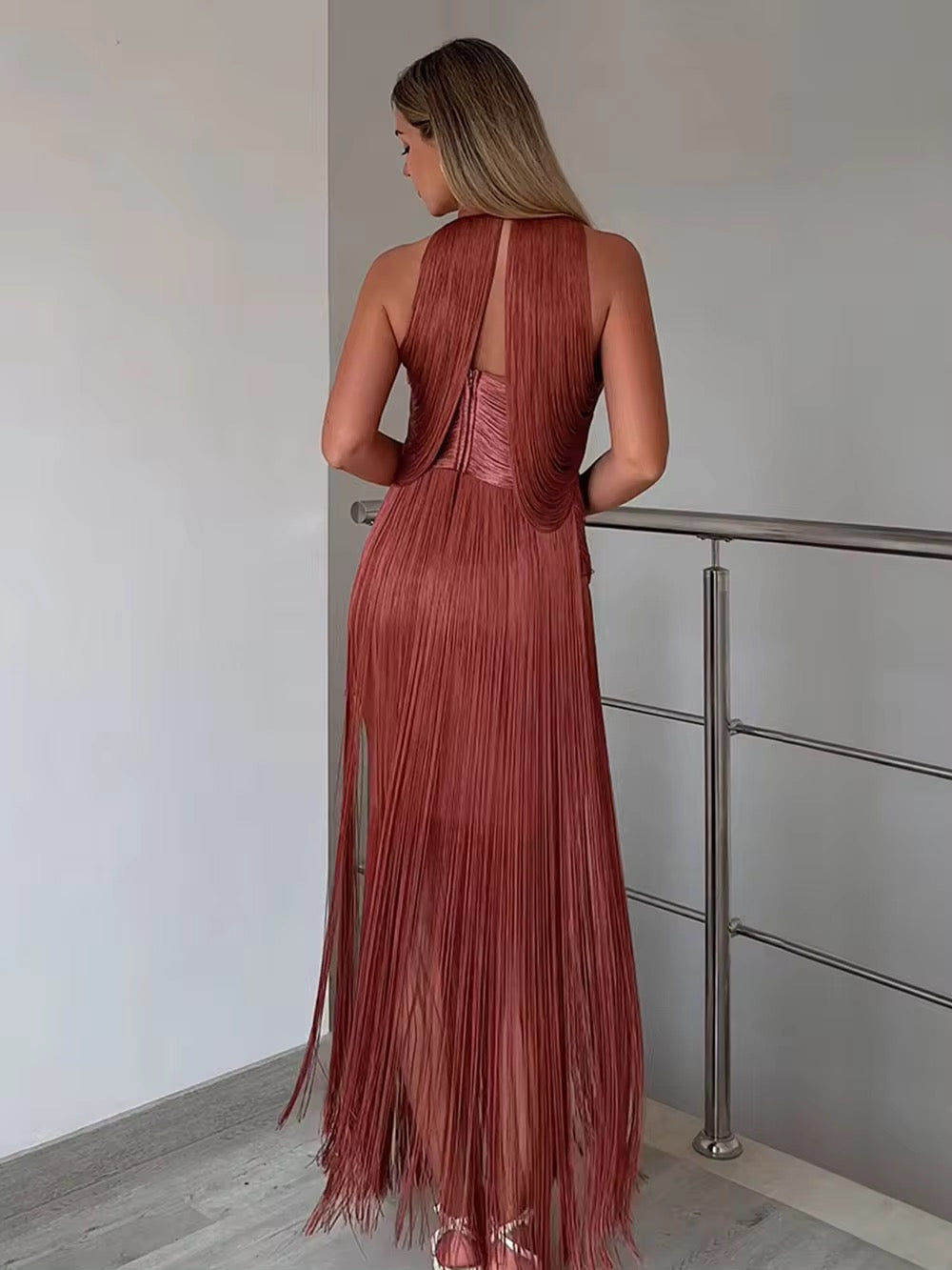 Tassel Bandage Sleeveless Fringe Bodycon Long Dress