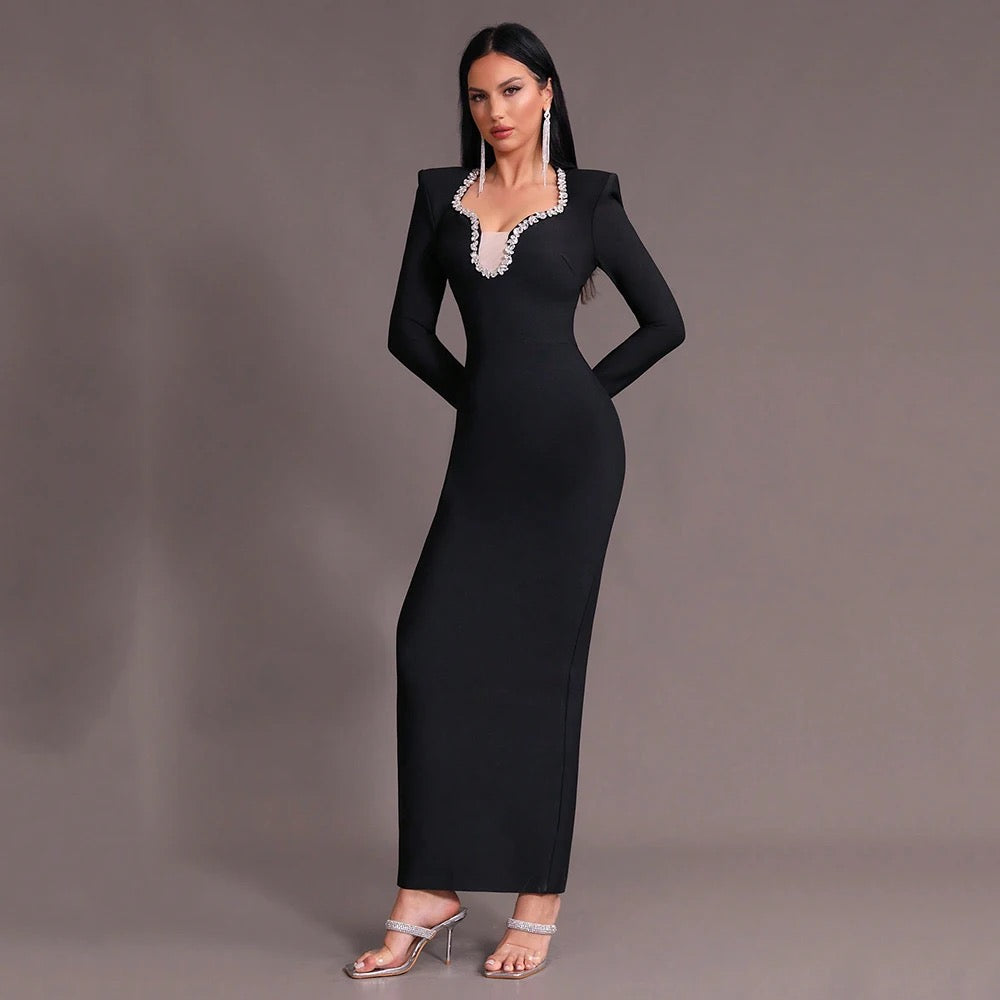 V-neck Diamond Mesh Long Sleeve Tight Long Bandage Dress