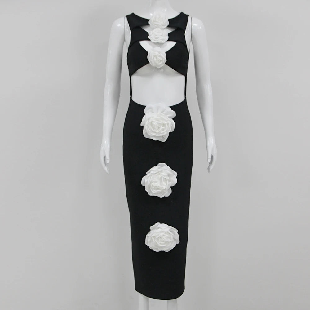 Black Sexy White 3D Flower Hollow Tight Long Bandage Dress