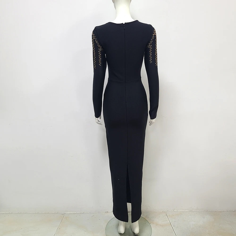 V-neck Mesh Diamond Tight Long Bandage Dress