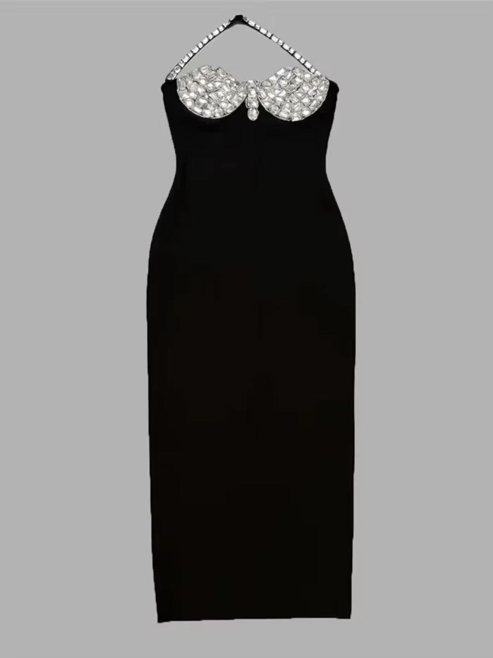 Crystal Diamond Halter Backless Design Black Sexy Maxi Bandage Dress