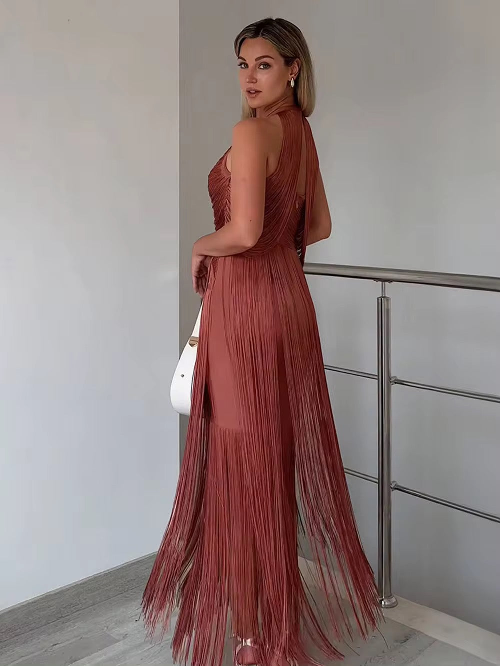 Tassel Bandage Sleeveless Fringe Bodycon Long Dress