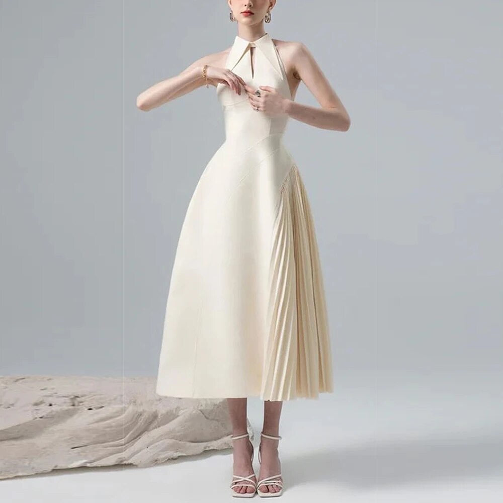 Collar, Hollow out Sleeveless Spliced pleated waist,dress