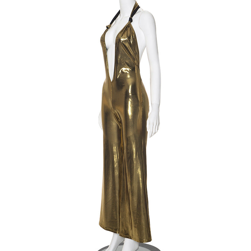 Elegant Backless Halter Golden Jumpsuit