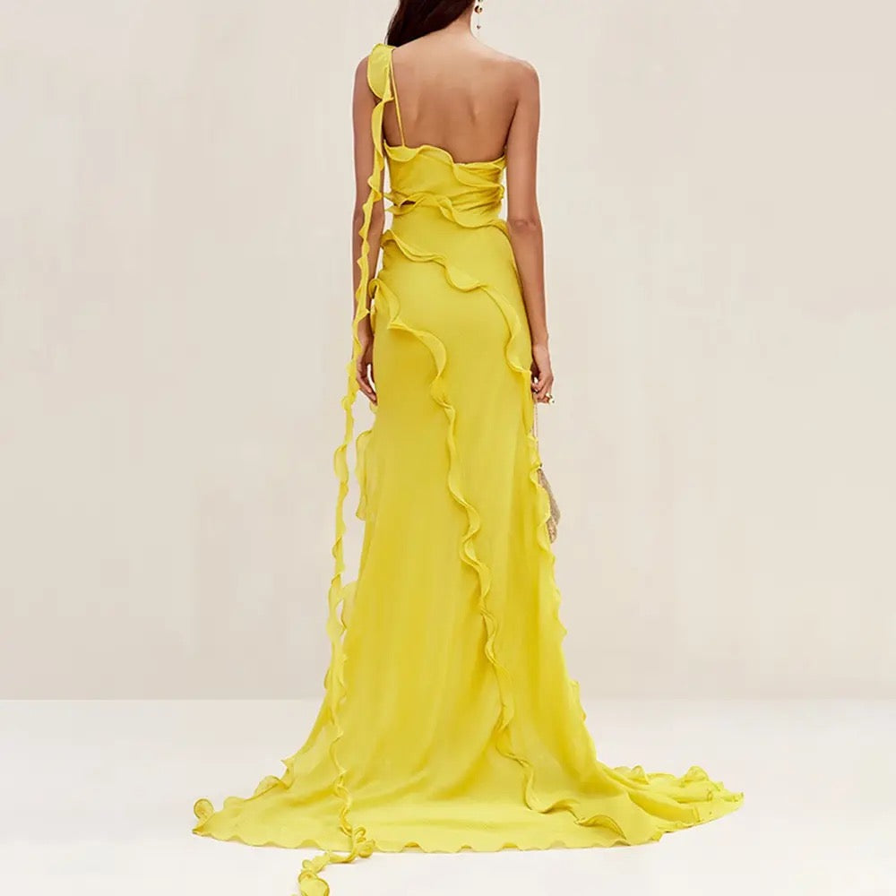 Yellow Sexy Asymmetric Maxi Dress with Ruffle Edge